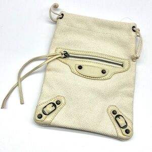 BALENCIAGA White Cream Canvas Drawstring Clutch Pouch Motorcycle Bag Mini Case